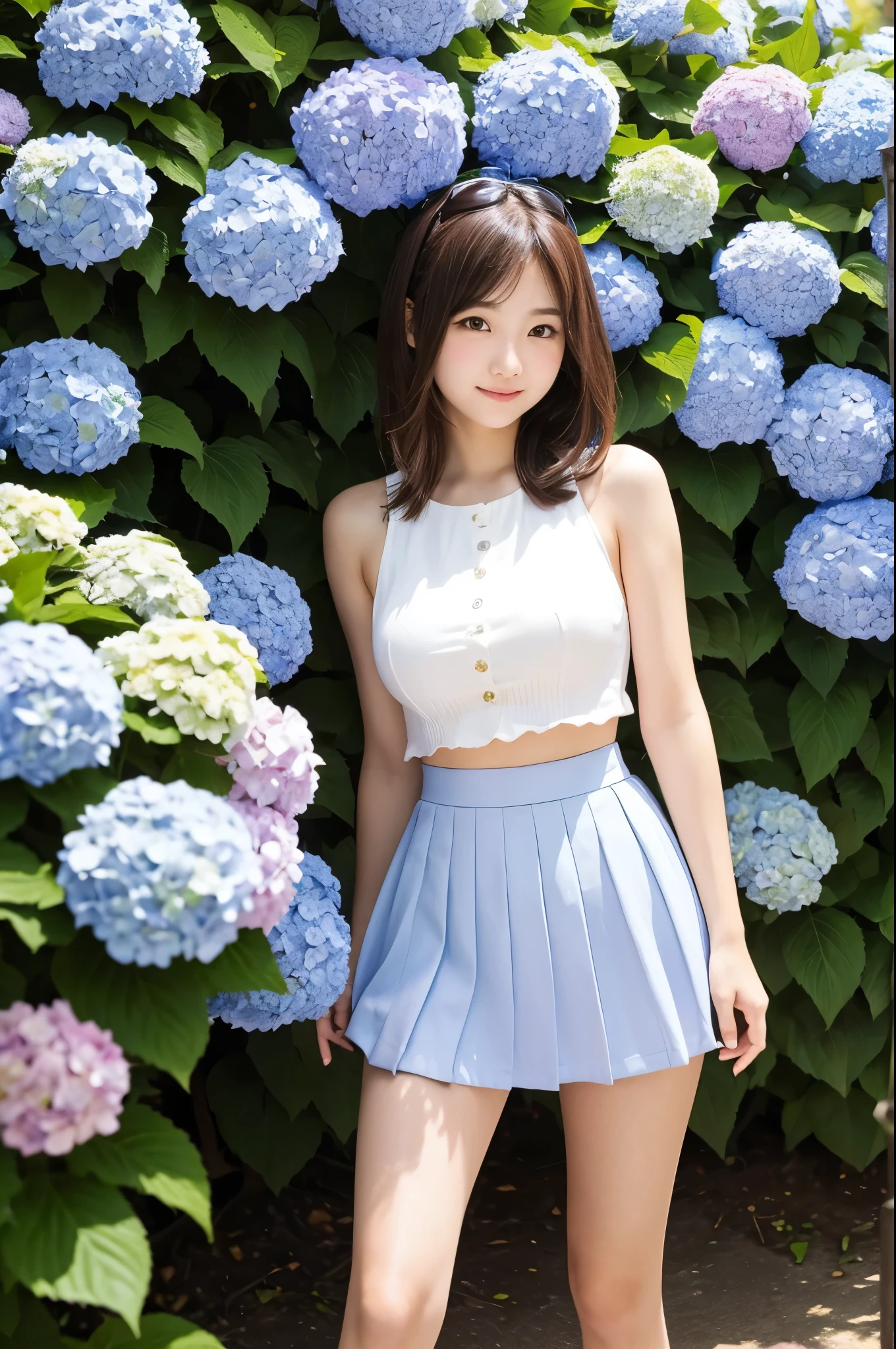 A cute 20-year-old girl standing in a park with hydrangeas in bloom(mini skirt)