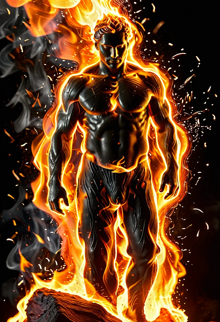 man engulfed in flames, cinematic photo, fire element, composed of fire elements hrglw, highly detailed, (fire element:1.1),composed of fire elements,(1man:1.3),burning,transparency,fire,(molten rock),flame skin,flame print, hair of fire (((a man wrapped in flames soaring flames radiating sparks))),the burning hand, (Masterpiece, high quality, best quality),(fire element:1.1),composed of fire elements,burning,(man:1.2),fire,molten rock,flame skin,flame print,fiery hair, skin glowing like charcoal, no clothes, (full body shot 1.1)