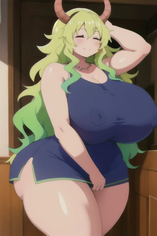 masterpiece, perfect lighting, (beautiful, best quality:1.3), perfect eyes, absurdres, 8k,
1girl, solo, (absurdres), finely detail, smile,
lucoa_quetzalcoatl, multicolored hair, closed eyes,
intricate,(full-body-shot:0.5), (dynamic angle:1.2), (dynamic pose:1.2),
dragon horns, dragon girl,  large breasts, multicolored hair, blonde hair,
dress, (short dress:1.3), gold necklace,