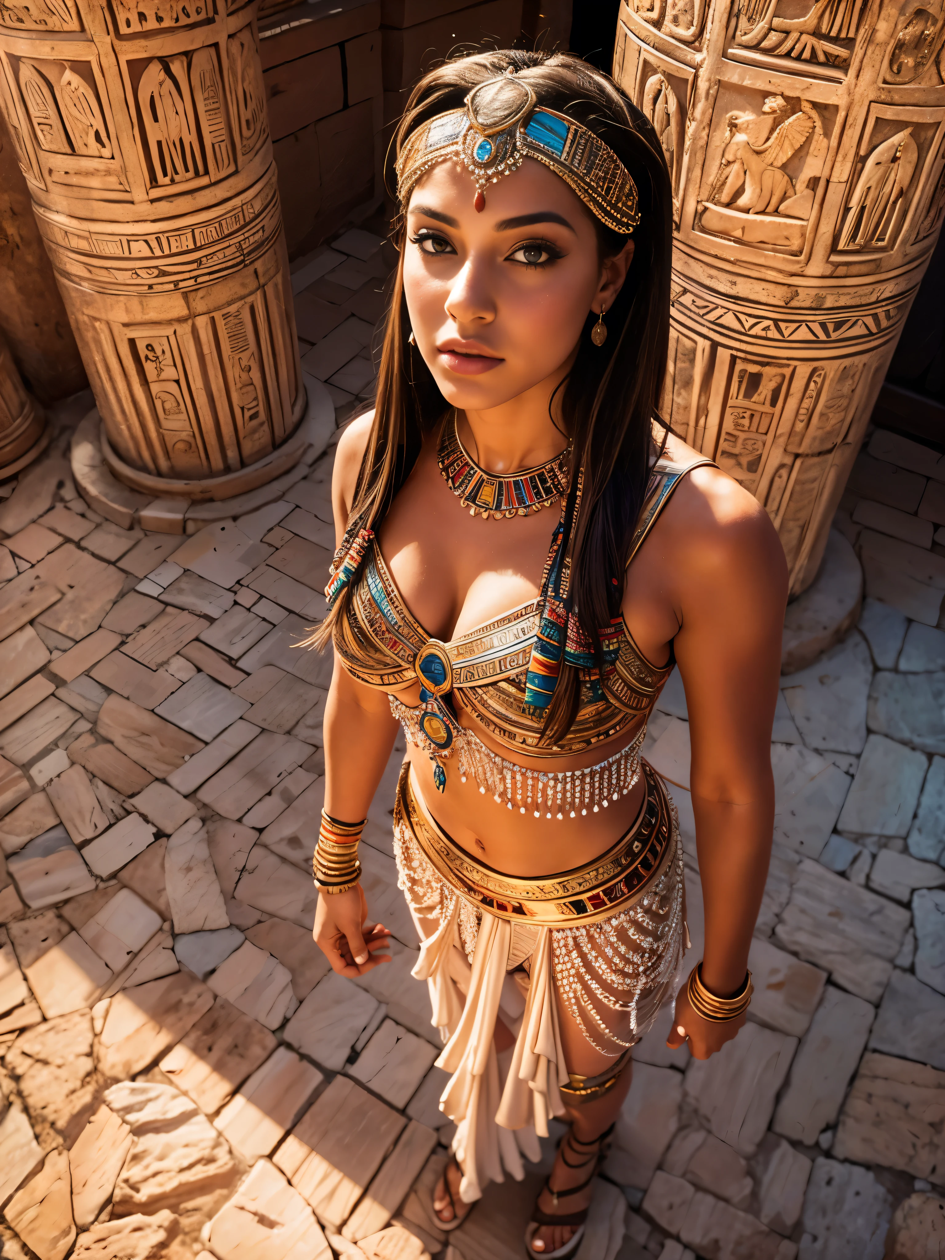 (Masterpiece.ihd.photorealistic). ((High angle shot.full body. Fisheye 5mm lens)) an ultra hot gorgeous European woman. Age 23.antique Egyptian queen.fit body. Egyptian temple. Low light. Early morning light.