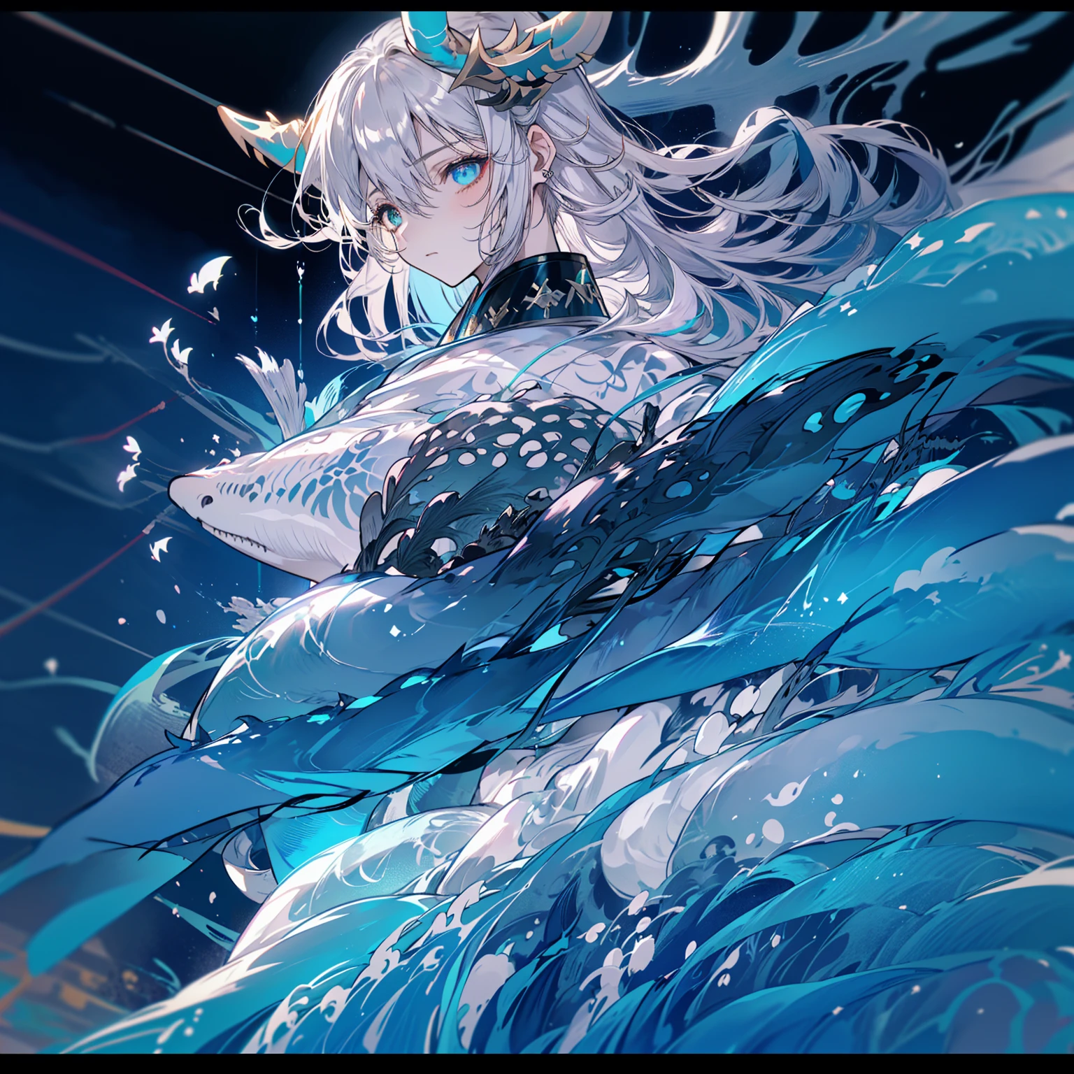 1 boy，juvenile，Blue fin ears， （Blue fin ears），Blue Hanfu，（Blue Hanfu），（Long dragon tail），Ultra-high resolution, (Reality:1.4), RAW photos,16K,Dramatic Lighting,Moon white ribbon，Clothes floating in the sea，Scales on the neck，many white loong'horns,many white loong'horns,(many white loong'horns),loong'horns,High hanging moon，In the deep sea，Bright moonlight，Hong Lu，Hong Lu，Hong Lu，(heterochromia)，(heterochromia)，(heterochromia)，white outline:1