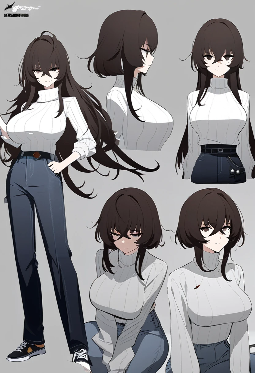 One Woman,Downer,older sister,Concept Art,Dark brown hair,Straight hair with slight inward curls,Staring eyes,Eye Ridge,black eye,Crossed bangs,whole body,smile,Larger breasts,Gray background,Bangs that reach down to the eyes,Messy hair,Perfect dark jeans,White turtleneck sweater,Multiple views of the same character,Character Design,Dark circles under the eyes,Bad look,Listless,Sloppy,accessories,Arknights Wind,Cafe staff,Holding a cigarette,whole bodyCharacter Design,Smiling,