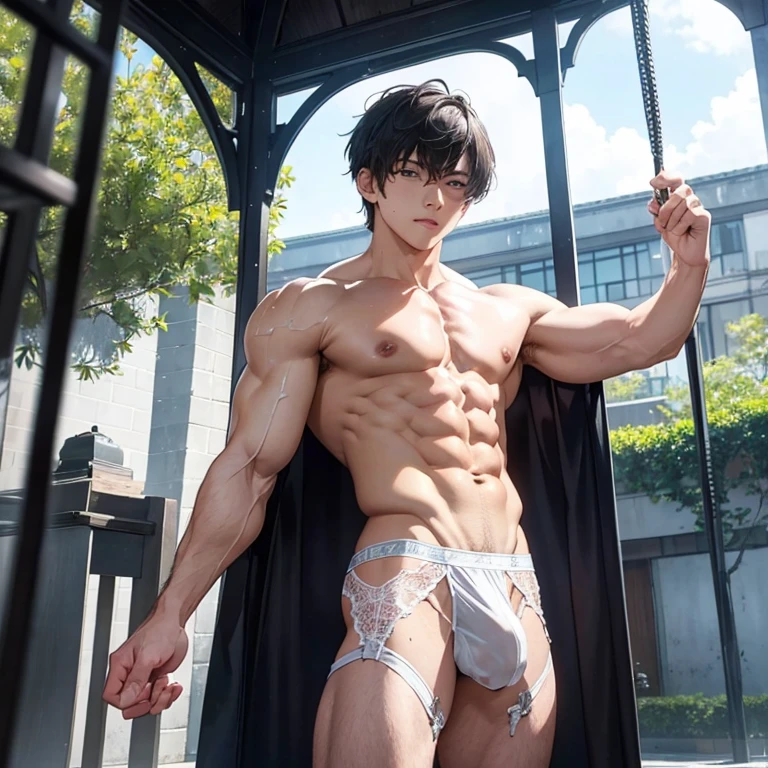 Beautiful boy、Short hairstyle、silber hair、blue eyess、1 persons、18year old、musculature、Obscene outfit in white sheer lace、Huge swollen crotch、NSFW、Stand with your legs open、Standing Back、Beautiful body、Beautiful body、Protruding pubic hair、bignipple、masterpiece、Photorealsitic,Shirtless abs are wet8It is divided into two parts,Bright sunshine outdoors、Handsome boy、de pele branca、Nasty look、Light in the crotch、Shooting from below