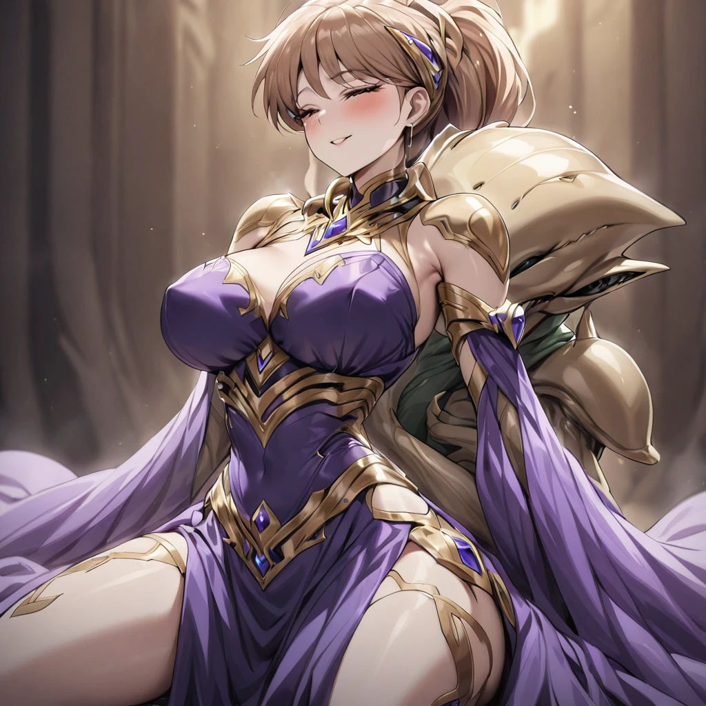 ((highest quality)), ((masterpiece)), (detailed), (Perfect Face)、The woman is Alien Princess Leona, wearing a gorgeous alien dress decorated in purple and black with gold, with long light brown hair and a completely alien body.、The woman is happily cuddling with the powerful alien king.