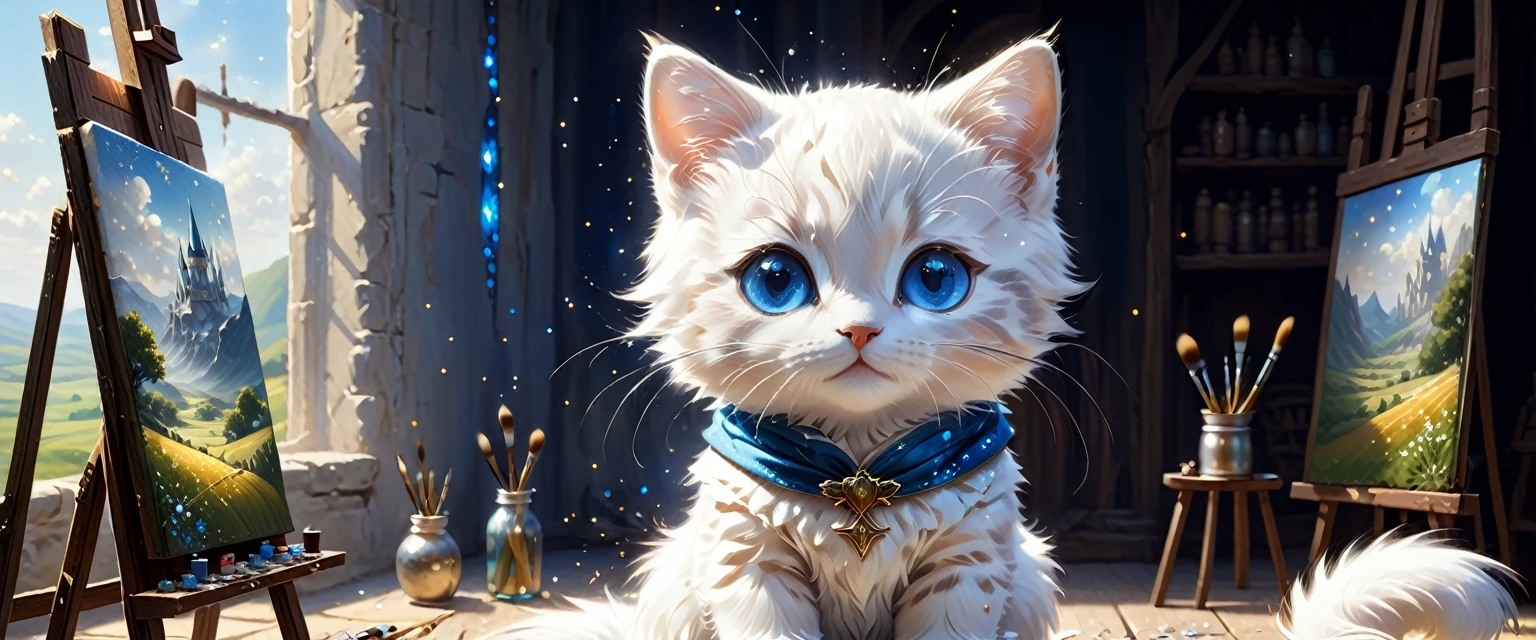 C4tt4stic, the setting is medieval Europe, the surroundings are a fantastic space surrounded by light particles, glittering and shining, wearing luxurious robes, illustration of a small and cute creature, anthropomorphized blue eyes, white fur kitten, standing, looking away, painter, holding a brush, painting on a canvas on an easel. The background is a summer rural landscape, fantasy art, exquisite details, Jean-Baptiste Monge style, Alan Lee style, movie scene, dramatic shot angle, atmospheric particles, real, raw cinematic photorealism, action portrait, 8k, detailed, full frame, highly detailed,