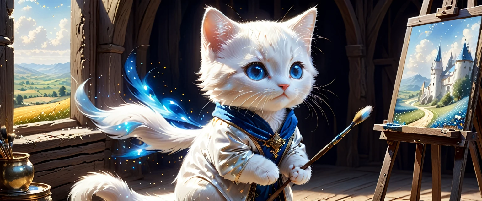 C4tt4stic, the setting is medieval Europe, the surroundings are a fantastic space surrounded by light particles, glittering and shining, wearing luxurious robes, illustration of a small and cute creature, anthropomorphized blue eyes, white fur kitten, standing, looking away, painter, holding a brush, painting on a canvas on an easel. The background is a summer rural landscape, fantasy art, exquisite details, Jean-Baptiste Monge style, Alan Lee style, movie scene, dramatic shot angle, atmospheric particles, real, raw cinematic photorealism, action portrait, 8k, detailed, full frame, highly detailed,