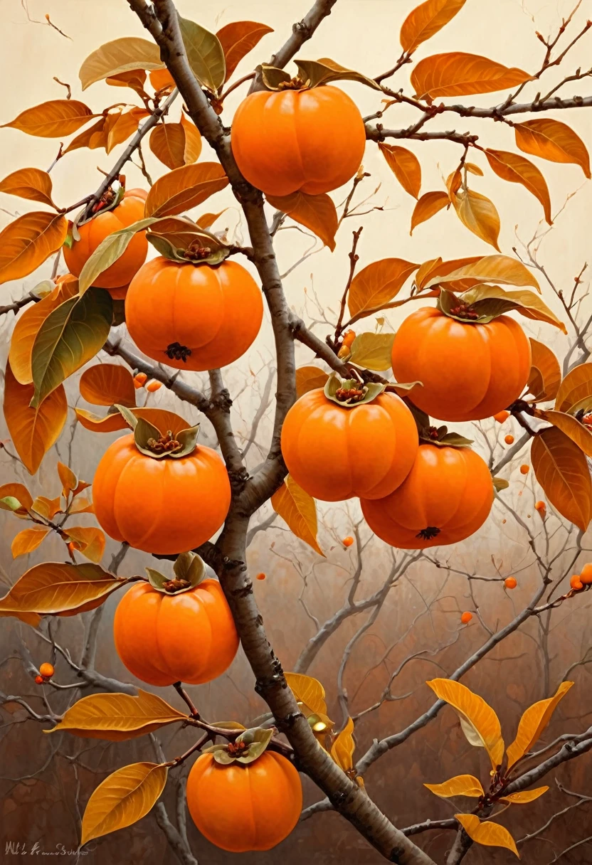 A persimmon tree in autumn painting, There are orange persimmons on the branch,Orange theme, orange plants, orange tint, Orange theme, orange tint, Orange, vibrant but dreary orange