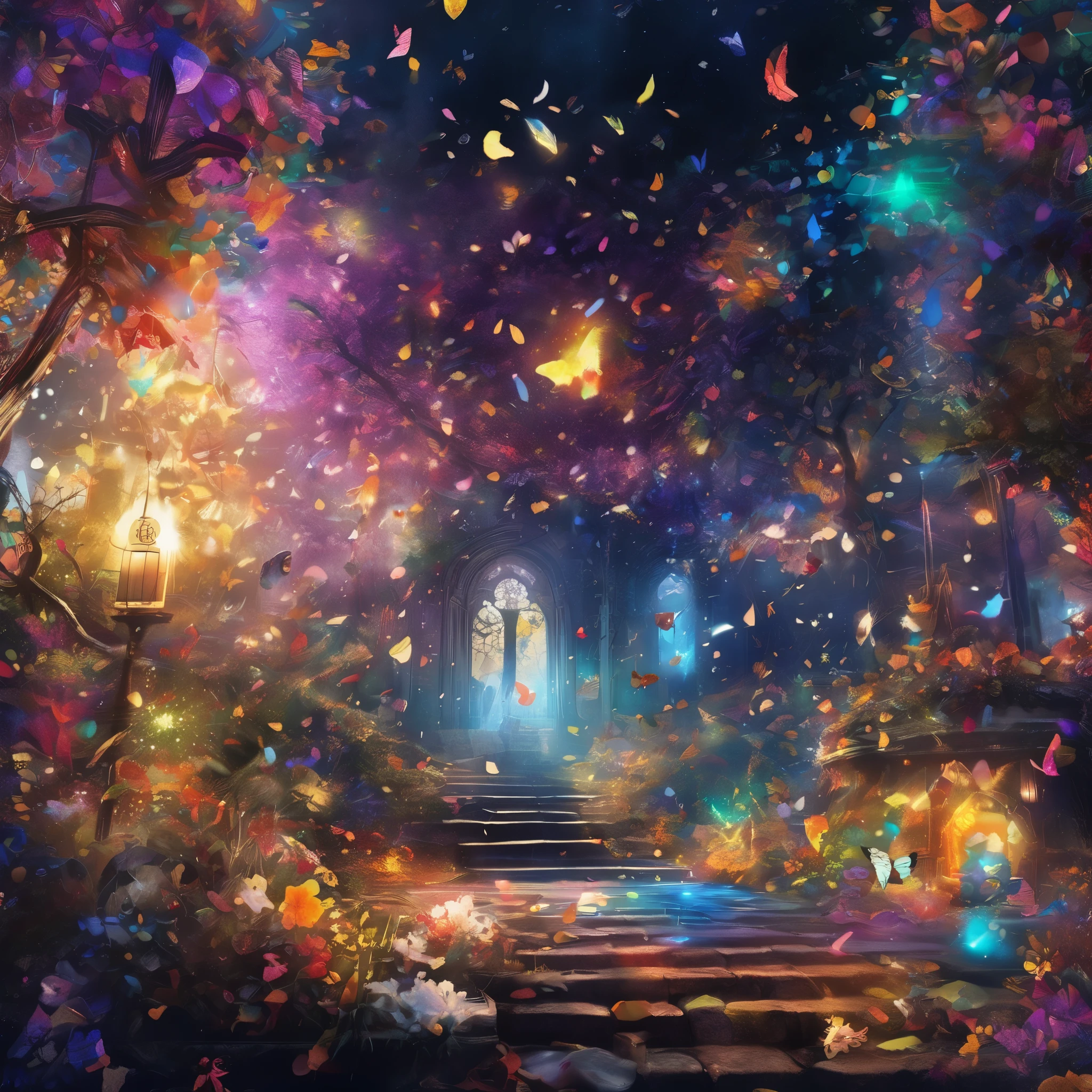 Bright confetti falling, A stunning illustration of a kaleidoscope of colorful confetti, Dark fantasy world, Be enchanted by the dark and fantastical world, Confetti flying in the air, Dark fantasy worldを背景に, 精巧なディテールと緻密な筆致がDark fantasy worldを生み出します, Every wonderful detail in this wonderland, A fascinating sight, From elaborate costumes to intricate backdrops, Fascinating effects that take you to a mysterious world, Beautifully detailed illustrations, Amazing visuals, Light and shadow, high quality, High resolution, Tonal contrast,