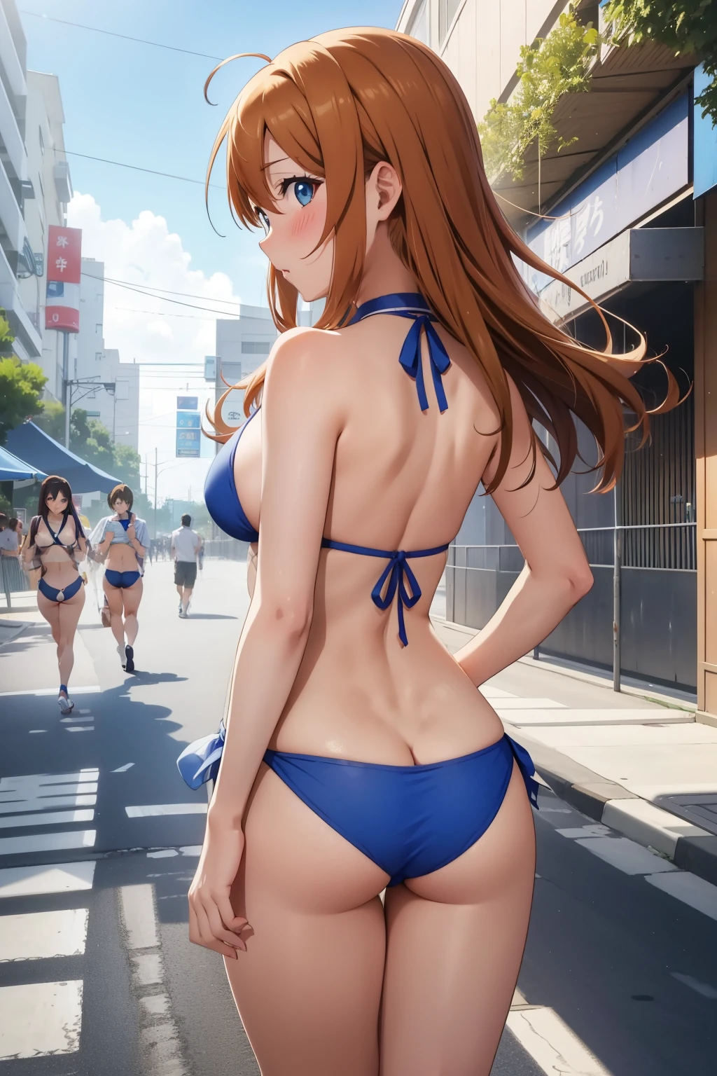 Kousaka honoka, blue eyes, side-tie bikini, standing in street, crowd, from behind, ass, blush, ahoge, exposed ass