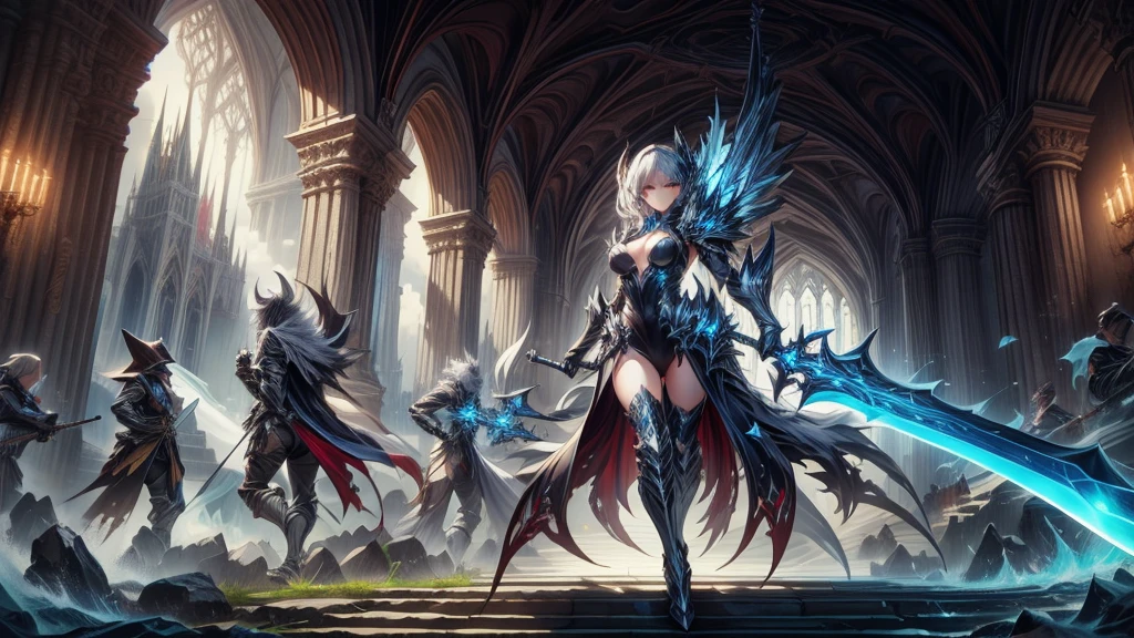 masterpiece, best quality, high quality, detailed, ultra detailed, hyper detailed, insanely detailed, exquisite, beautiful, FHD, Full-HD, 4K, 8K, 16K, highres, absurdres, background, a girl, beautiful, fantasy,battlefield,hailoknight, holding sword, holding weapon,mksks