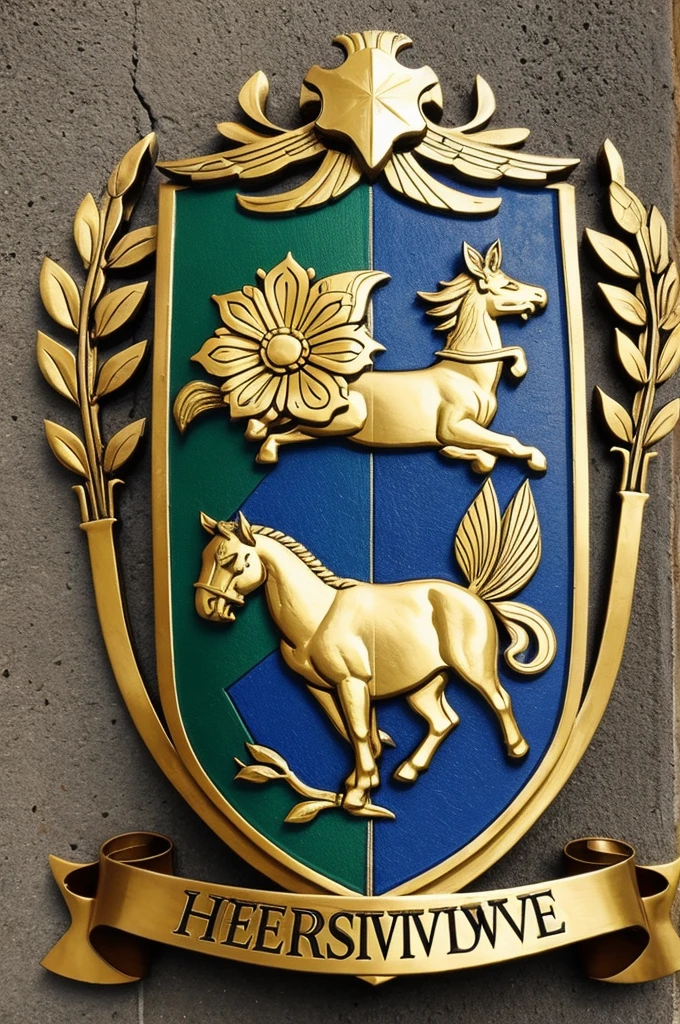 Heraldic shield that represents perseverance, fidelidad, que contenga elementos como animales y flores
