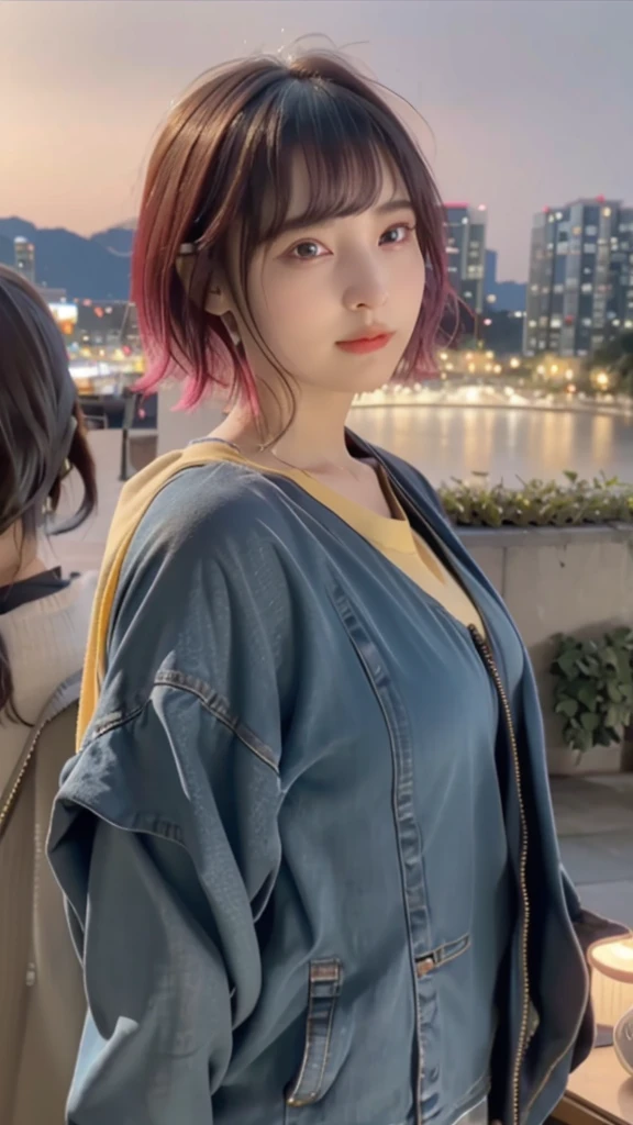 RAW shooting,12k, 最high quality, masterpiece, 超High resolution, (Realistic:1.4), RAW Photos, 1 girl,, short hair, (masterpiece, 最high quality, high quality, High resolution, Very detailed),pink hair, (Night lighting:1.4), Cyberpunk attire、Layer Color、Clothes with lots of zippers、Baggy clothes、white, pink, Blue and yellow clothes、Looking at the audience、Near future