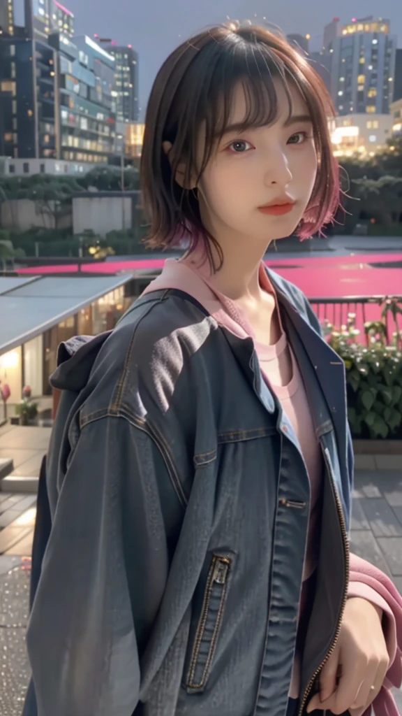 RAW shooting,12k, 最high quality, masterpiece, 超High resolution, (Realistic:1.4), RAW Photos, 1 girl,, short hair, (masterpiece, 最high quality, high quality, High resolution, Very detailed),pink hair, (Night lighting:1.4), Cyberpunk attire、Layer Color、Clothes with lots of zippers、Baggy clothes、white, pink, Blue and yellow clothes、Looking at the audience、Near future