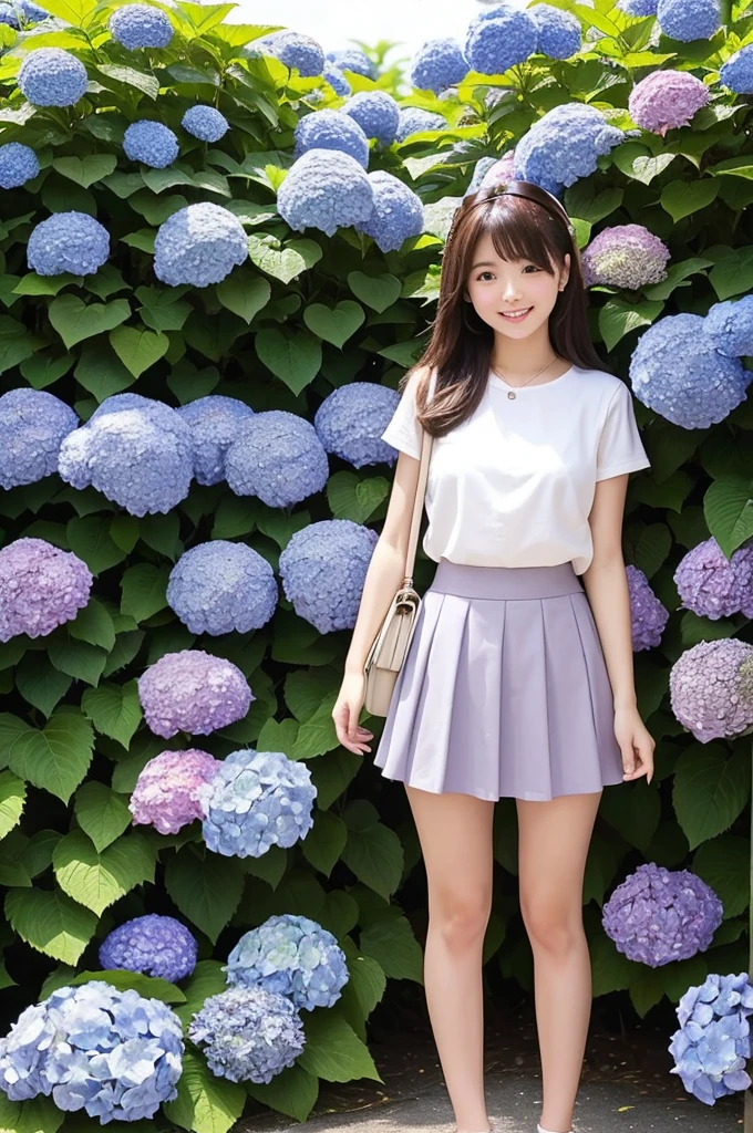 A cute 20-year-old girl in a park with hydrangeas in bloom(mini skirt)