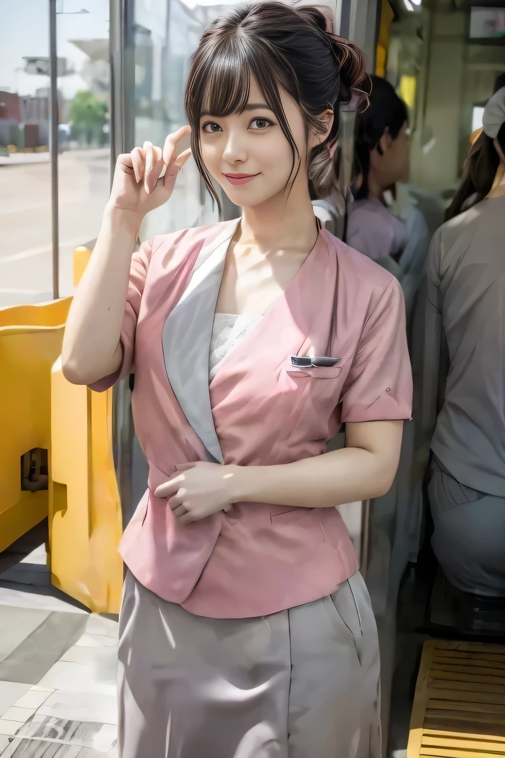 (masterpiece:1.2, highest quality:1.2), 32K HDR, High resolution, (alone、1 girl)、 (Height: 160cm)、(On the rooftop of a building in the daytime、Professional Lighting)、Building rooftop background、(Nankai train crew uniform pinkを着たリアルスタイル)、(Nankai train crew uniform pink short sleeve collarless pink jacket、Nankai Train Crew Uniform Pink Collarless Short Sleeve Blouse、Nankai Train Crew Uniform Pink Grey Knee-length Culottes)、Dark brown hair、(Hair tied up、Hair tied up、Evening curly hairstyle)、Dark brown hair、Long Shot、Big Breasts、Thin legs、((Great hands:2.0)),((Harmonious body proportions:1.5)),((Normal limbs:2.0)),((Normal finger:2.0)),((Delicate eyes:2.0)),((Normal eyes:2.0)))、smile、(Nankai Train Crew Uniform Pink Grey Knee-length Culottesを見せた美しい歩く姿)、Place your hands around your stomach、Lanyard employee ID card