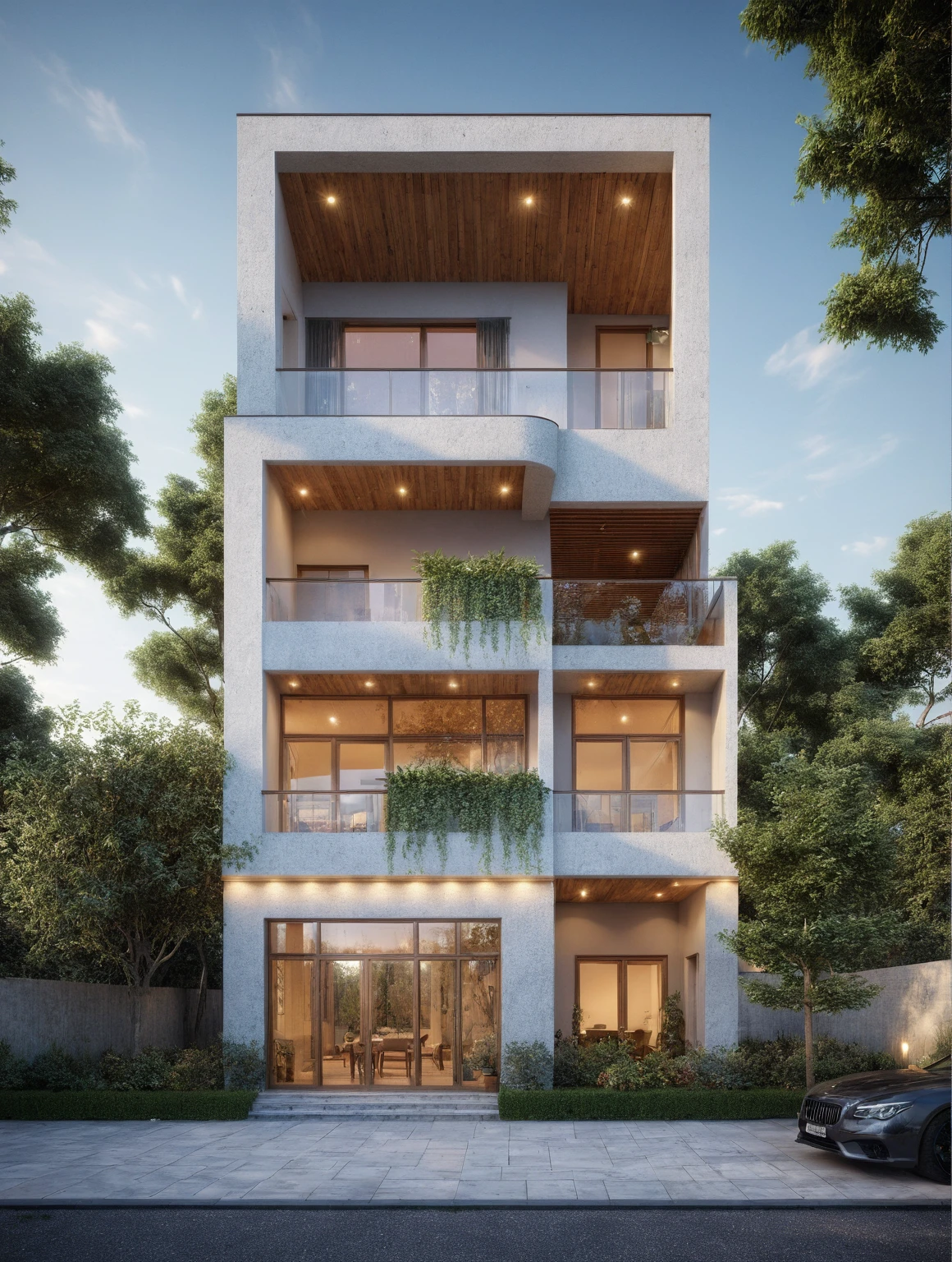 townhouse, Led light, spotlight out door, (modern style:1.2), (Open roof to see the sky), exterior design, perspective view, (open roof), Pavement, alphalt streets road, (next door neighbor's house), (dawn light sky background), Low trees around the house, overall peaceful atmosphere cinematic photo, hyperrealistic artï¼professional, 8k, highly detailed ï¼, (architectural design visualization), (reflection), (focus on object), (material normal bump real reflection), (scattered light), (hidden light) (light ray), (multi-beam light), (sunbeam) (multi-level reflection), (corona software visualization render:1.2),(((Best Quality))), ((Masterpiece)), ((best illustration)), ((best shadows)), ((Super Detail)), (Intricate lines), (Photorealism),(hyper detail), ((archdaily)), ((award winning design)), (dynamic light), ((day)), (perfect light), (shimering light), ((photorealistic)), ((intricate detail)), ((extreme detail)), ((science)), ((hyper-detail)), ((super detail)), ((super realistic)), ((crazy detail)), ((octane render)), ((Cinematic)), ((trending on artstation)), ((High-fidelity)), ((Viwvid)), ((Crisp)), ((Bright)), ((Stunning)), ((Eye-catching)), ((High-quality)),((Sharp))((Bright)), ((Stunning)), Natural, ((Eye-catching)), ((Illuminating)), ((Flawless)), ((High-quality)),((Sharp edge render)), ((medium soft lighting)), ((photographic render)), ((detailed archviz))