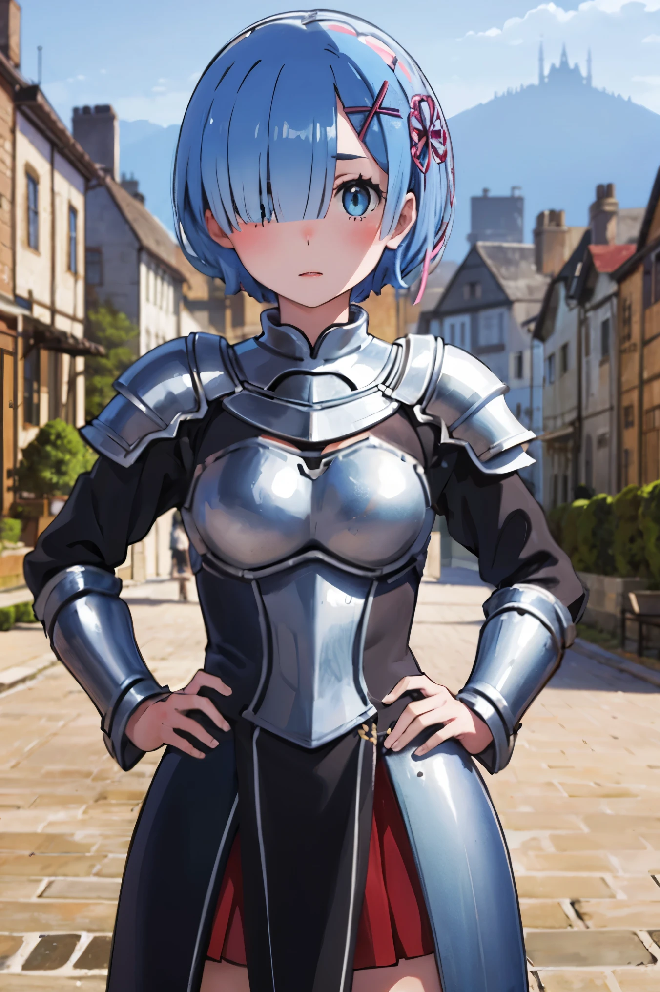 masterpiece, Highest image quality, ultra high resolution, ph_rem, remhd, 1girl, blue hair, solo, blue eyes, x hair ornament, armor, knight, city background, medieval, village, old houses, hands on hips, facing the viewer, looking at the viewer, blushing, red face