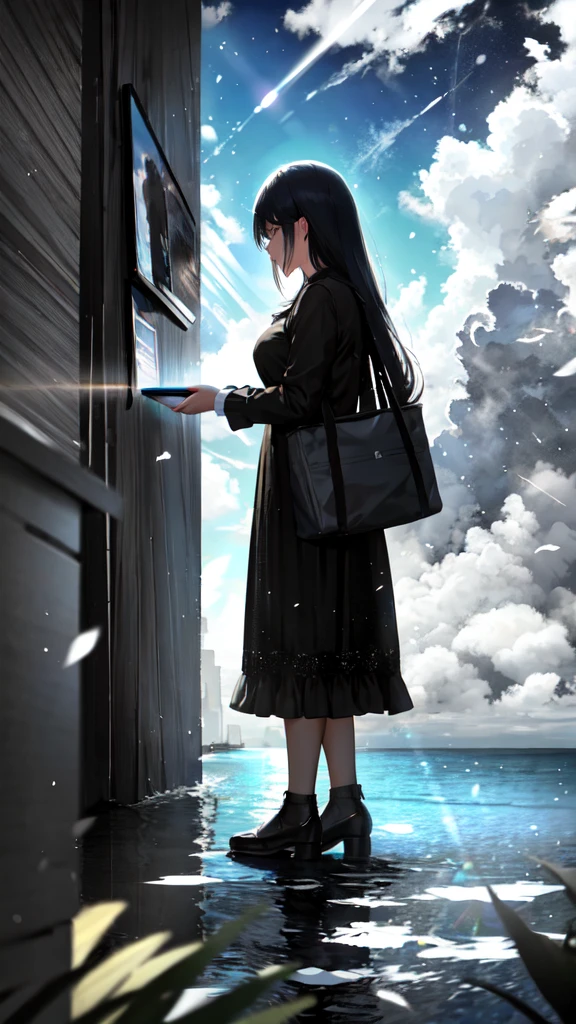 masterpiece, highest quality,  Halftone,cloud, Light_particle,   null間,  null,water,girl,night 、Crying Woman