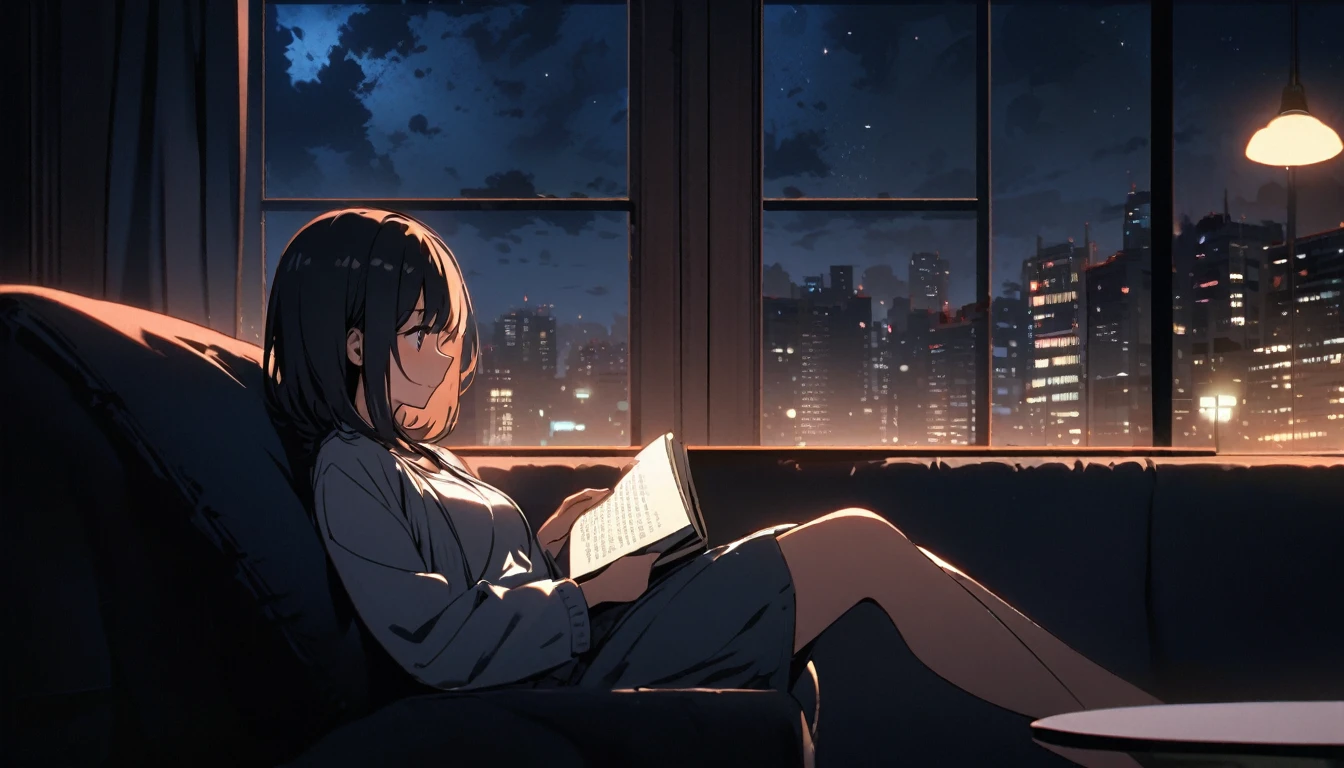 Girl sitting on sofa reading a book,In front of a large window,Night view,Streetscape