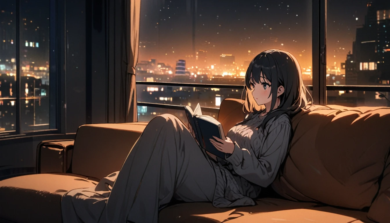 Girl sitting on sofa reading a book,In front of a large window,Night view,Streetscape
