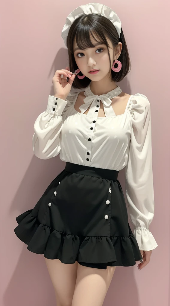 (Luxury Maxi Long Dress in Pink, Long sleeve ruffle, White maid apron, White prim head), (Invite a man to have sex, sensational, Pull up your skirt and take a shot of polka dots in panties:1.3), (full length, whole body), (Black Hair, 16 years old, (Small waist and large bust style, low length:1.2), Short Bob Hair, Aqua Eye, Brush Sticker, little star earrings, Vivid eyes, Sister's Girl, Round face, Eyebrows downwards, A slight blush, Look at the viewers, Affectionate Cute, pretty girl, Surreal school girl, Look at the viewers, smile, Hina's Hymn), (Surrealism, Natural light, Depth of written boundary, Nikon, 8k, Super detailed, masterpiece, Attention to detail, Anatomically correct, Awards), View your viewers