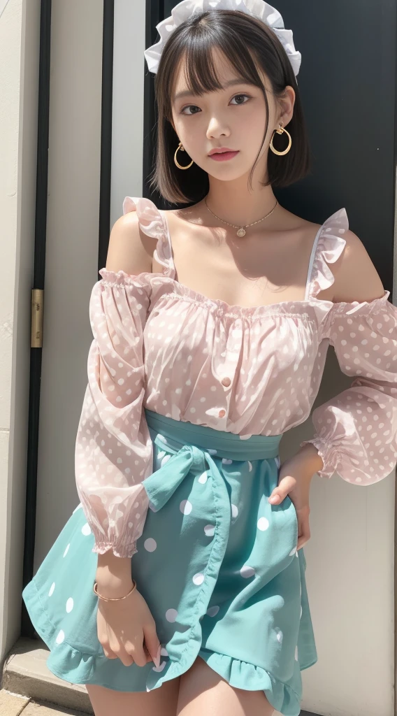 (Luxury Maxi Long Dress in Pink, Long sleeve ruffle, White maid apron, White prim head), (Invite a man to have , sensational, Pull up your skirt and take a shot of polka dots in pan3), (full length, whole body), (Black Hair, 16 years oaist and large bust style, low length:1.2), Short Bob Hair, Aqua Eye, Brush Sticker, little star earrings, Vivid eyes, Sister's Girl, Round face, Eyebrows downwards, A slight blush, Look at the viewers, Affectionate Cute, pretty girl, Surreal school girl, Look at the viewers, smile, Hina's Hymn), (Surrealism, Natural light, Depth of written boundary, Nikon, 8k, Super detailed, masterpiece, Attention to detail, Anatomically correct, Awards), View your viewers