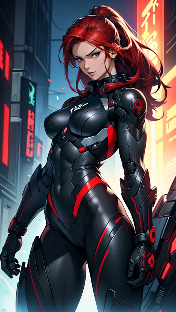Beautiful cybernetic girl detailed muscles realistic masterpieces full figure pose (best quality,ultra-detailed), red hair, fair skin, fit body, slim figure, narrow waist, large buttocks, (cocky expression), wearing a full black cybernetic mobile battle suit, dynamic poses