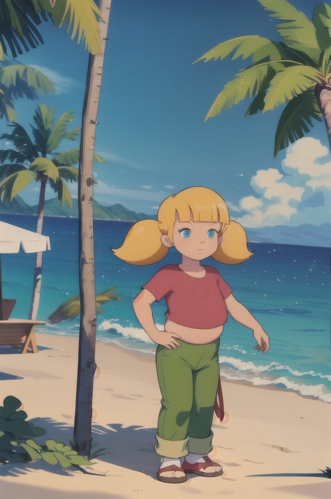 masterpiece,best quality,1girl,penny,blonde hair,twintails,blunt bangs,blue eyes,red shirt,green pants,standing,full body,sea,sand,tropical island background, hyper-pregnant, kindergartner, shota,  body