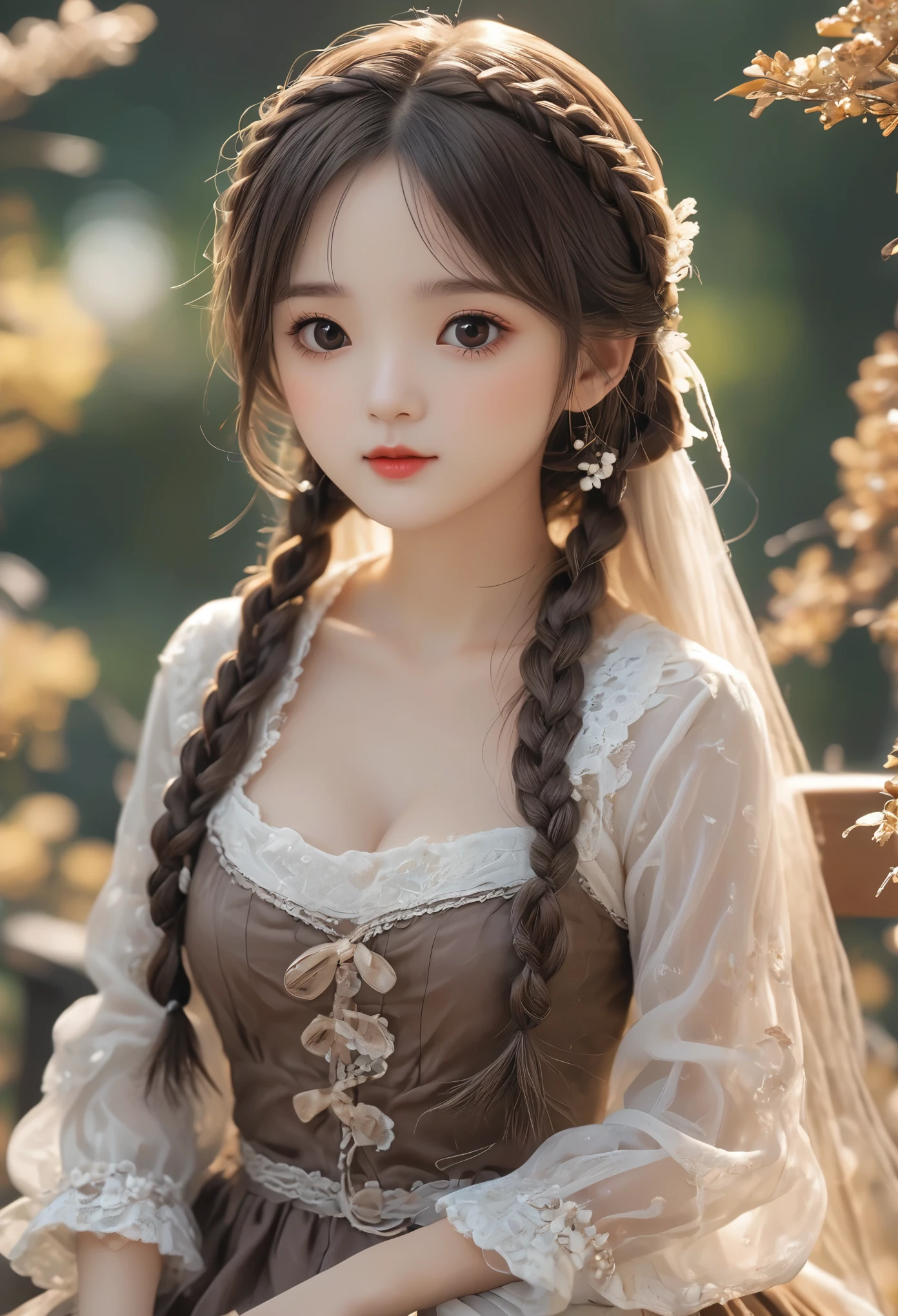 ((best quality, 8K, masterpiece :1.3))***********、 Cute anime style, ,Brown double braids、，solitary,Exquisite eyes, ((Dark brown hair, Large Breasts :1.2)), Beautiful lace lingerie（8K）（HD）（（best quality））， （（Intricate details））， （8K）