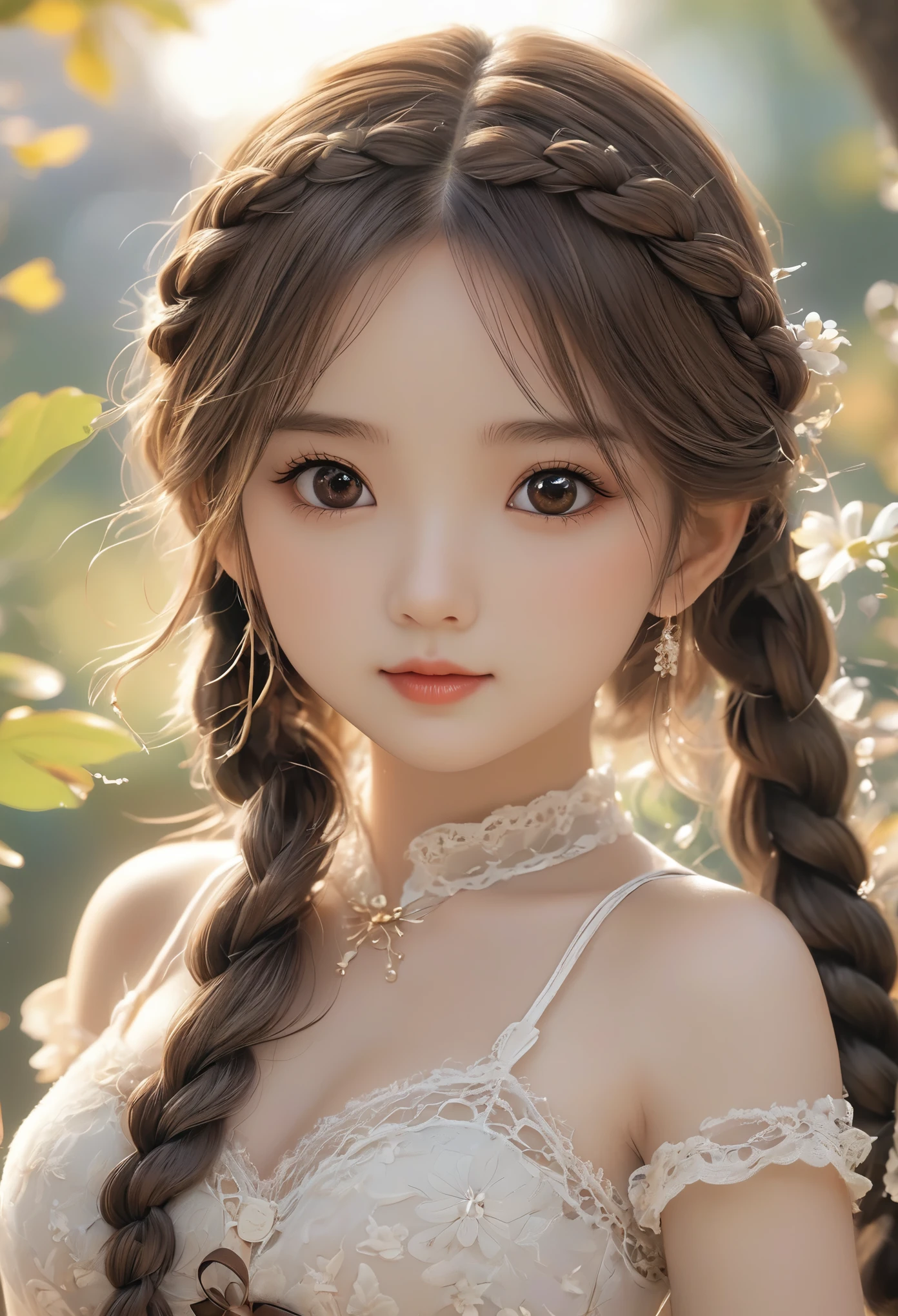 ((best quality, 8K, masterpiece :1.3))***********、 Cute anime style, ,Brown double braids、，solitary,Exquisite eyes, ((Dark brown hair, Large Breasts :1.2)), Beautiful lace lingerie（8K）（HD）（（best quality））， （（Intricate details））， （8K）