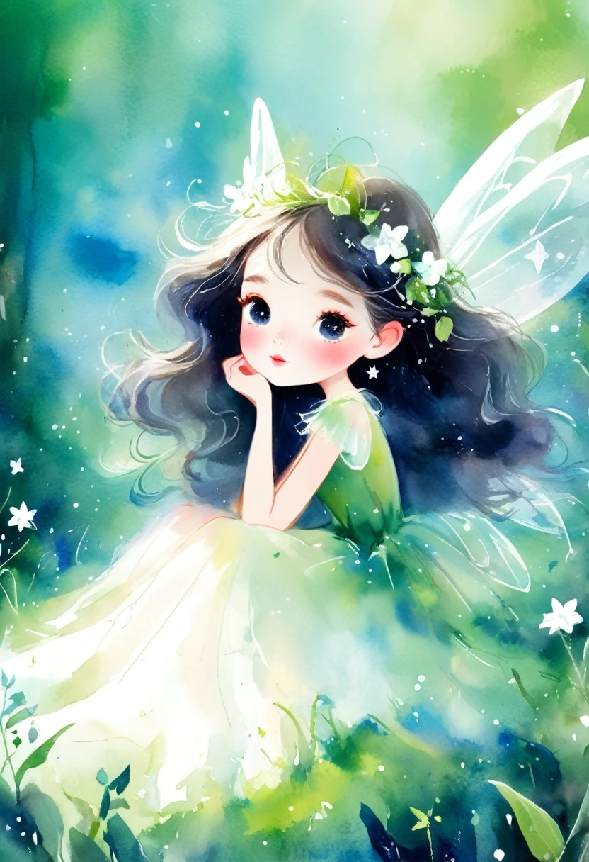 desenho aquarela, uma linda menininha fada, dreamy sky, nuvem, Star, trombeta fofa, Cabelo claro, olhos verdes claros, gossamer, Illustration of a fairy tale, A masterpiece under bright Luz, fantastic art, Luz! A arte da magia, arte de conto de fadas, arte inspiradora, obras de arte requintadas