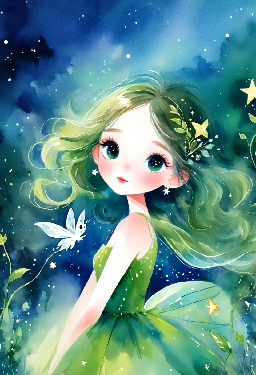 desenho aquarela, uma linda menininha fada, dreamy sky, nuvem, Star, trombeta fofa, Cabelo claro, olhos verdes claros, gossamer, Illustration of a fairy tale, A masterpiece under bright Luz, fantastic art, Luz! A arte da magia, arte de conto de fadas, arte inspiradora, obras de arte requintadas
