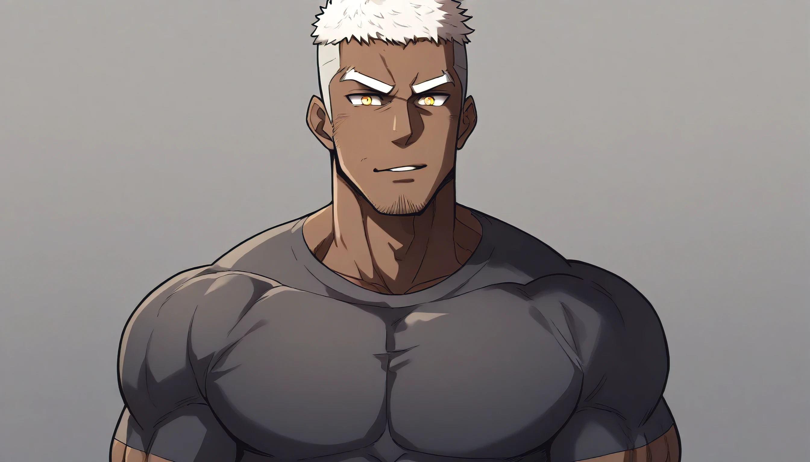 anime characters:Gyee, Fitness coach, negro black skin, 1 muscular tough guy, Manliness, male focus, Light grey tight T-shirt, Very tight, The pectoral muscles are oversized, Slightly transparent, muscular male, muscular, only, Upper body, alone, White short hair, Thick eyebrows, stubble, Yellow eyes, Drak Grey background, simple background, amazing quality, best aesthetics, Ridiculous, bright pupils, crew cut, parted lips, seductive smile, torogao, naughty face, best quality