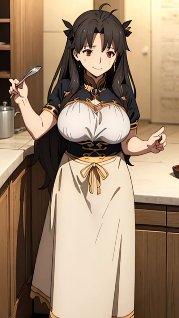 (Mature Woman:1.5), (mother:1.5), Ishtar, Fate Grand Order, (Absurd, 8k, 4K, Tabletop, Extremely detailed:1.2), highest quality, Perfect Anatomy,Perfect Face, High humidity, (alone:1.2), (Sweaty:1.3), shortness of breath, High humidity, humid, (Black Hair:1.1), Red eyes, Looking into the camera, (Very large breasts:1.5), Light clothing, apron, (kitchen;1.1), (Having a conversation:1.5), (Speech bubble:1.2), A kind smile, relief, peace of mind, mother性, Cooking, have a ladle, pot, pot-au-feu