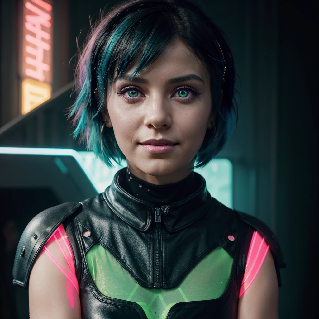 HDR, 8K resolution, intricate detail, sophisticated detail, depth of field, photorealistic, sharp focus, closeup,fantasy,beautiful neon green and black photograph of a woman with blue hair and makeup, (ohwx woman:1.3) blacklight aesthetic, girl aesthetic, aesthetic cyberpunk, cyber aesthetic, aesthetic!!!!!!!!, analogue RAW DSLR photograph, photorealistic, looking at viewer, closeup portrait, 1 girl, smiling, Tron scifi cyberpunk background, neon, ((sexy neon dress)), short hair, neon hair, glowing dress, (glowing pink eyes:1.2), 