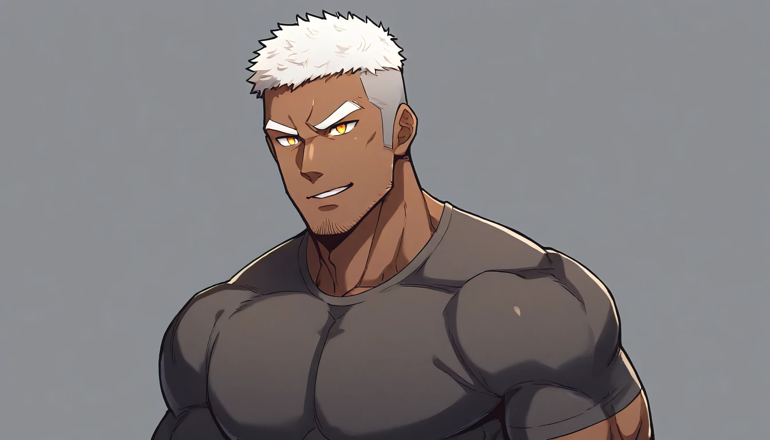 anime characters：Gyee, Fitness coach, negro black skin, 1 muscular tough guy, Manliness, male focus, Light grey tight T-shirt, Very tight, The pectoral muscles are oversized, Slightly transparent, muscular male, muscular, only, Upper body, alone, White short hair, Thick eyebrows, stubble, Yellow eyes, Drak Grey background, simple background, amazing quality, best aesthetics, Ridiculous, bright pupils, crew cut, parted lips, seductive smile, torogao, naughty face, best quality