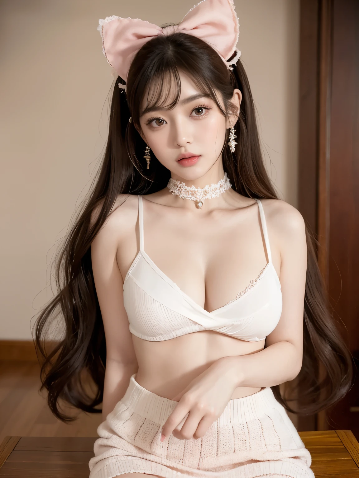 Kim Jennie with white brown hair, con rulos en las puntas, with two bows on each side of the hair, all her hair white brown, with a star clip in her white brown hair, ojos de color claro, ojos bonitos, ojos llorosos, nariz bonita y respingada, nariz lloroso, labios bonitos, labios rosas, heart and cupid shaped lip, piel bonita, pale, piel blanca, con lunares y pecas en todo el rostro, rubor rosa suave en las mejilla, rubor rosa natural, maquillaje suave y rosa, jennie, cuello bonito, cuello marcado, frown, mirada tierna, con un collar de beso, un collar bonito de beso, parecido a Yumeko Jabami, mientras lleva puesto un Crochet YK2, de lana, with a YK2 style brown mini skirt, mientras lleva una casaca con estampados de ositos, mientras tiene el abdomen desnudo, delgado, marcado y bonito, (pechos grandes, pechos suaves, pechos bonitos), mientras esta haciendo cospaly del personaje Yumeko Jabami, del anime Kakegurui, mirando a la camara