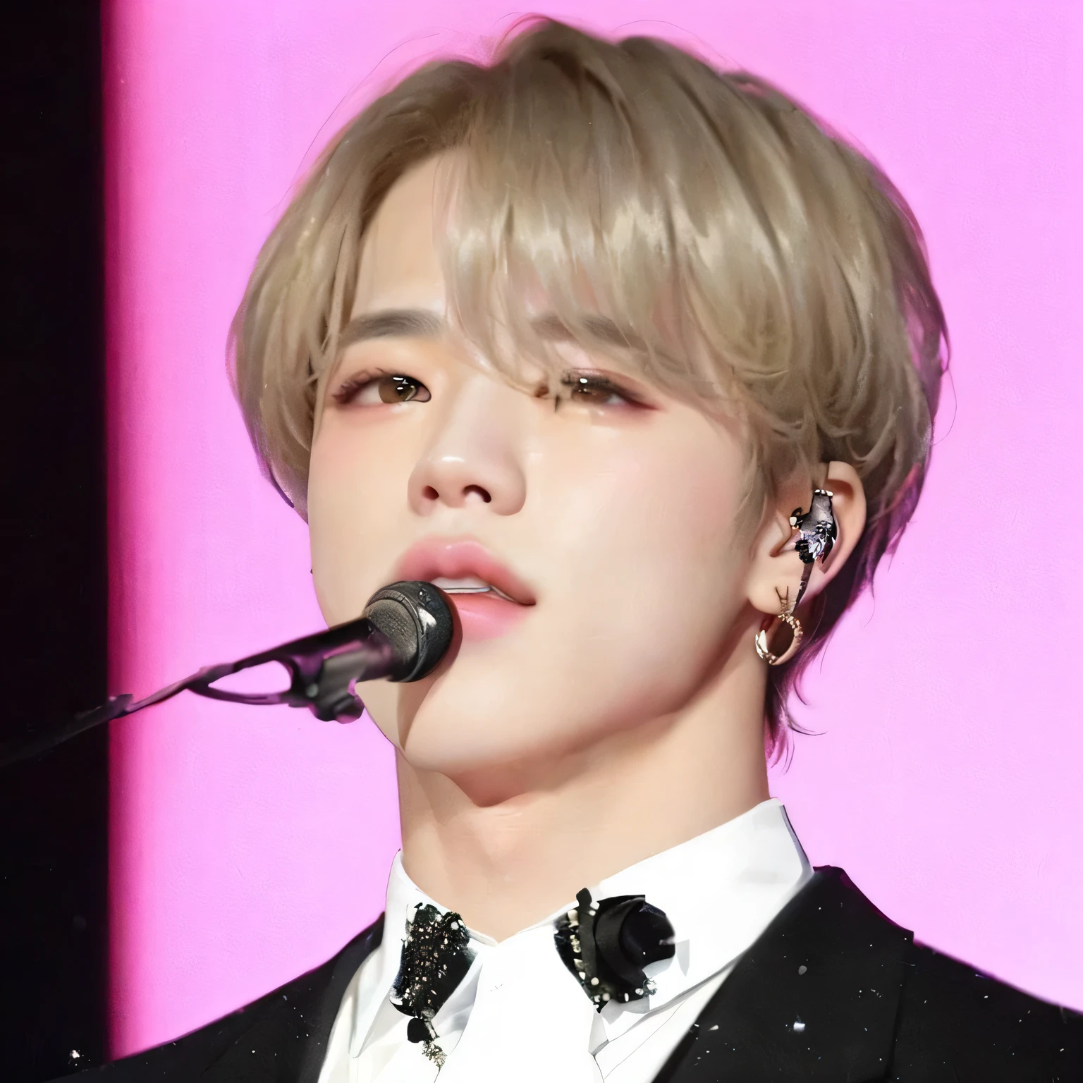 a close up of a person with a microphone in their hand, jimin\'s plump lips, jimin, park jimin, jimin\'s right eyelid swollen, jimin\'s grecian nose, accurate jimin face, cai xukun, jung jaehyun, portrait of jossi of blackpink, hyung tae, yanjun chengt, kim doyoung, park jimin