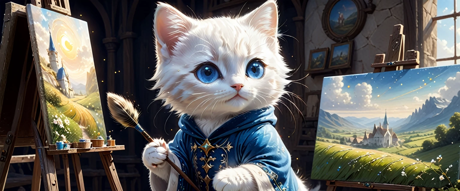 C4tt4stic, the setting is medieval Europe, the surroundings are a fantastic space surrounded by light particles, glittering and shining, wearing luxurious robes, illustration of a small and cute creature, anthropomorphized blue eyes, white fur kitten, standing, looking away, painter, holding a brush, painting on a canvas on an easel. The background is a summer rural landscape, fantasy art, exquisite details, Jean-Baptiste Monge style, Alan Lee style, movie scene, dramatic shot angle, atmospheric particles, real, raw cinematic photorealism, action portrait, 8k, detailed, full frame, highly detailed,