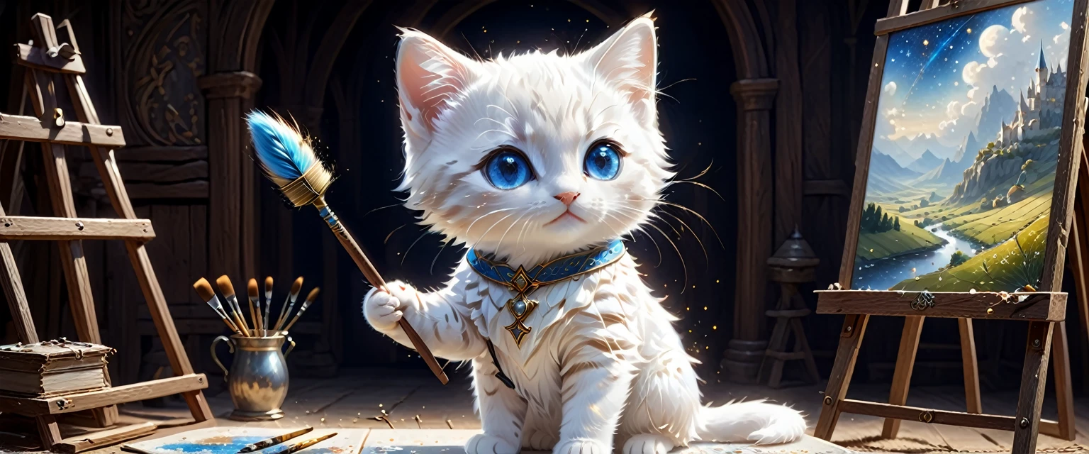C4tt4stic, the setting is medieval Europe, the surroundings are a fantastic space surrounded by light particles, glittering and shining, wearing luxurious robes, illustration of a small and cute creature, anthropomorphized blue eyes, white fur kitten, standing, looking away, painter, holding a brush, painting on a canvas on an easel. The background is a summer rural landscape, fantasy art, exquisite details, Jean-Baptiste Monge style, Alan Lee style, movie scene, dramatic shot angle, atmospheric particles, real, raw cinematic photorealism, action portrait, 8k, detailed, full frame, highly detailed,