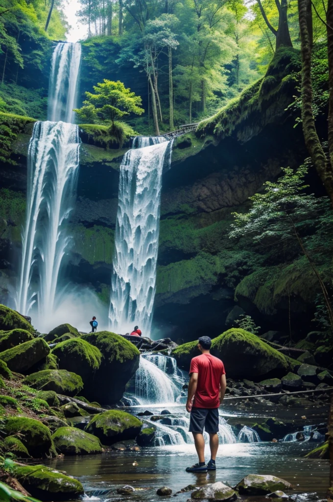 The man travel to forest ins jeap sudden waterfall see then stop 