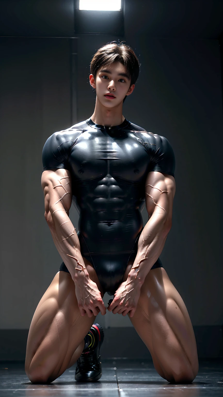 Second Dimension，（A handsome 18-year-old boy in a colorful tight cycling suit kneels on the floor of the dormitory），（male），Kneeling position，Whole body from head to toe，Cute perfect face，Exquisite facial features，Big eyes and small mouth，Small head，Tilted head，Looking at the camera，Huge body，tall,super muscle,Broad shoulders，Big bulge，Bodybuilding，Muscle Man，precise，((Anatomically correct)), Textured Skin, Super Detail, High Detail, high quality, Award-winning, 85 mm, Nikon, Super Detail, Textured Skin, Anatomically correct, high resolution, best quality, 8k, masterpiece