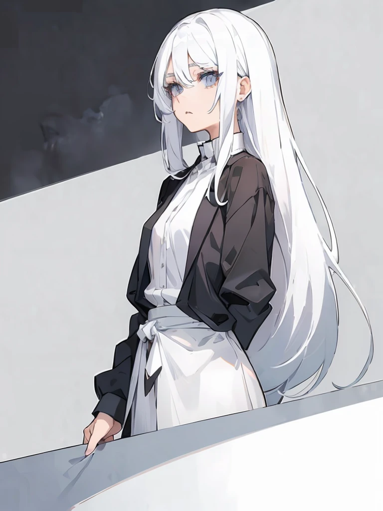 White Hair,White eyelashes,White Eyes,looking at the camera,A simple black long shirt,Realistic clothing drawing,Drawing range is from the waist up,An ennui look,Gazing somewhere far away,Fleeting atmosphere,Her hair is long and straight.,There&#39;s a lot of smoke,Wearing fog,art print,The background looks like it was painted over with black acrylic gouache.,Dark atmosphere,Crumbling angel halo、Her eyes are closing,