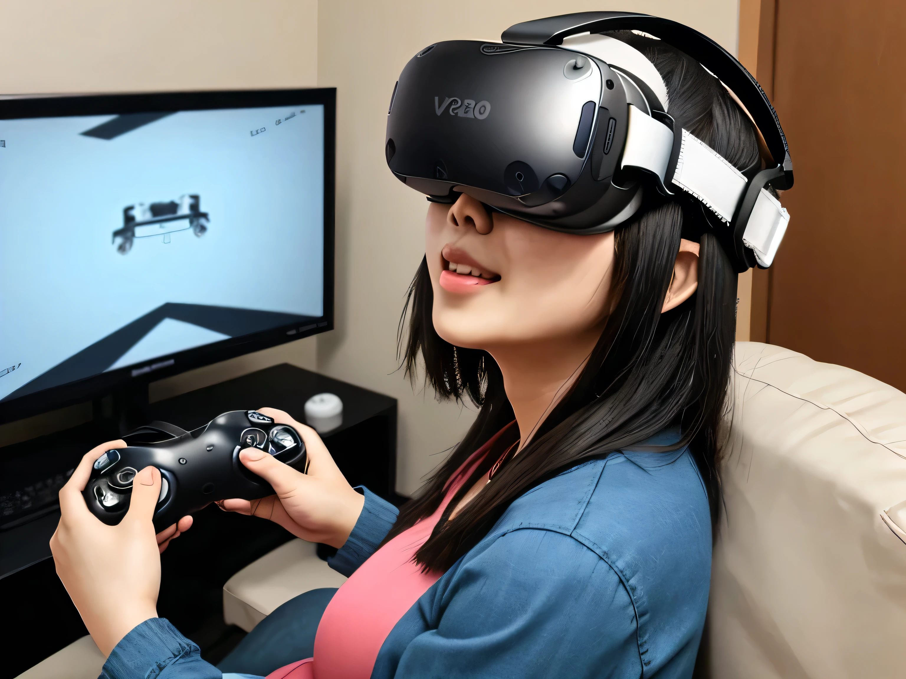 Asian woman play VR game for entertain at home