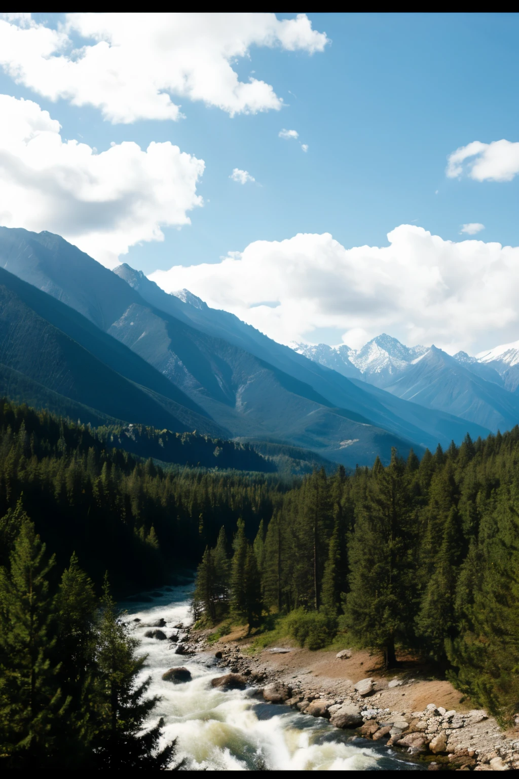 Landscape with mountains, stream, pine trees and clouds