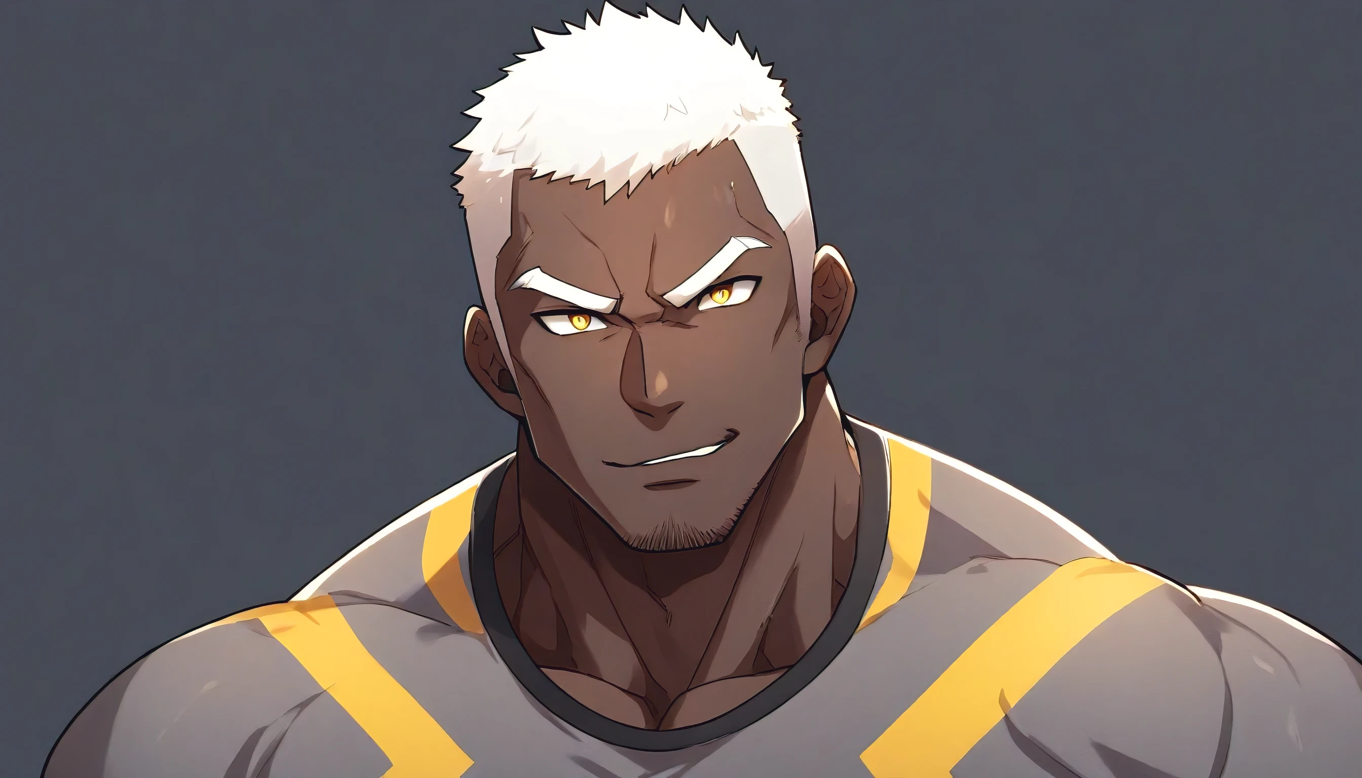 anime characters：Gyee, Fitness coach, negro black skin, 1 muscular tough guy, Manliness, male focus, Light grey tight T-shirt, Very tight, The pectoral muscles are oversized, Slightly transparent, muscular male, muscular, only, Upper body, alone, White short hair, Thick eyebrows, stubble, Yellow eyes, Drak Grey background, simple background, amazing quality, best aesthetics, Ridiculous, bright pupils, crew cut, parted lips, seductive smile, torogao, naughty face, best quality