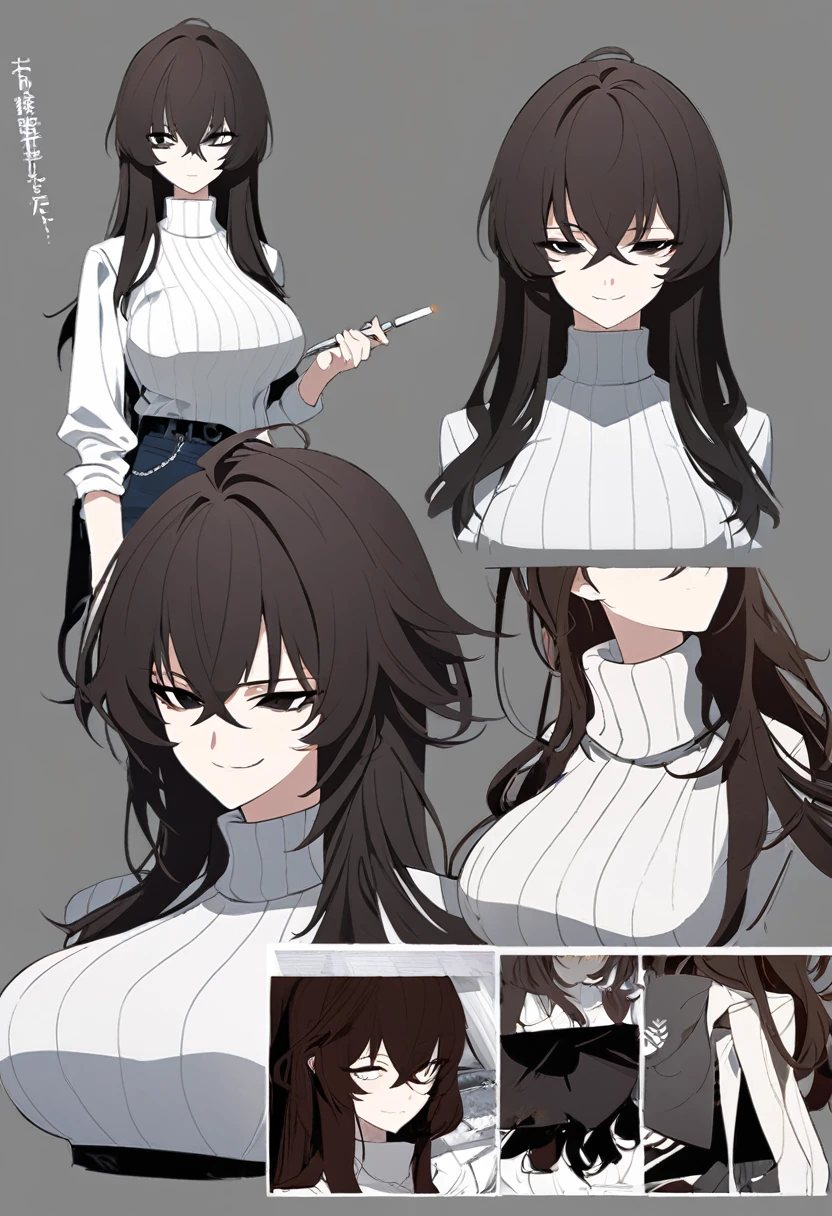 One Woman,Downer,older sister,Concept Art,Dark brown hair,Straight hair with slight inward curls,Staring eyes,Eye Ridge,black eye,Crossed bangs,whole body,smile,Larger breasts,Gray background,Bangs that reach down to the eyes,Messy hair,Perfect dark jeans,White turtleneck sweater,Multiple views of the same character,Character Design,Dark circles under the eyes,Bad look,Listless,Sloppy,accessories,Arknights Wind,Cafe staff,Holding a cigarette,whole bodyCharacter Design,Smiling,