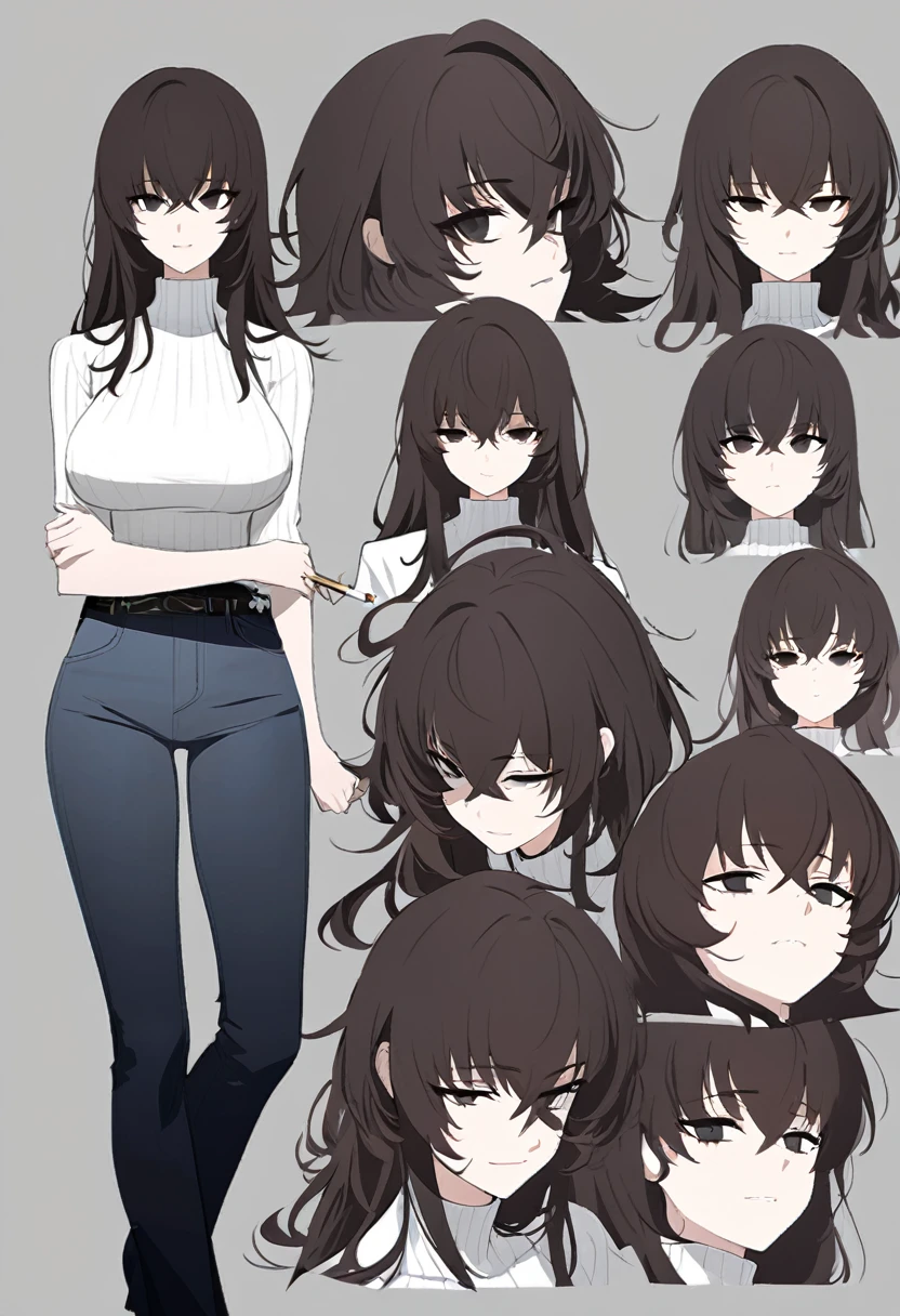 One Woman,Downer,older sister,Concept Art,Dark brown hair,Straight hair with slight inward curls,Staring eyes,Eye Ridge,black eye,Crossed bangs,whole body,smile,Larger breasts,Gray background,Bangs that reach down to the eyes,Messy hair,Perfect dark jeans,White turtleneck sweater,Multiple views of the same character,Character Design,Dark circles under the eyes,Bad look,Listless,Sloppy,accessories,Arknights Wind,Cafe staff,Holding a cigarette,whole bodyCharacter Design,Smiling,