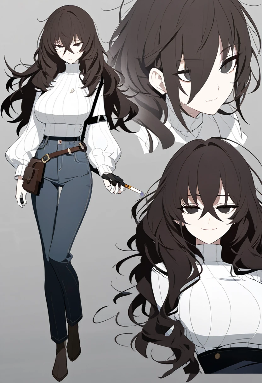 One Woman,Downer,older sister,Concept Art,Dark brown hair,Straight hair with slight inward curls,Staring eyes,Eye Ridge,black eye,Crossed bangs,whole body,smile,Larger breasts,Gray background,Bangs that reach down to the eyes,Messy hair,Perfect dark jeans,White turtleneck sweater,Multiple views of the same character,Character Design,Dark circles under the eyes,Bad look,Listless,Sloppy,accessories,Arknights Wind,Cafe staff,Holding a cigarette,whole bodyCharacter Design,Smiling,
