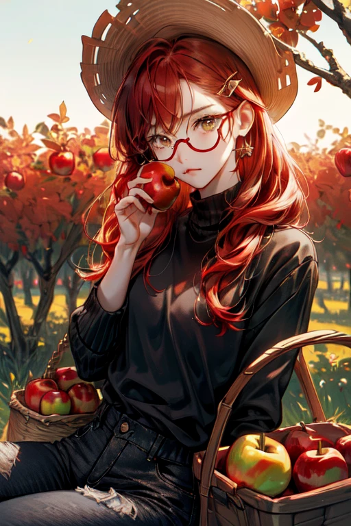 absurdity, a high resolution, ultra detailed, 1 Girl, One, extremely detailed eyes, ((Autumn vibe)), Autumn, Apple trees, hair ornament,((Red hair)), JEWELRY, I look at the viewer, ((Upper body)), ((sitting in the apple orchard)), ((I keep apples in a small basket )),(calm and reserved facial expression)), Tedious ((sweater and black jeans)), hairclip, Earrings, Red flower, tinted glasses, yellow flower, bang, English text, cowboy shot
